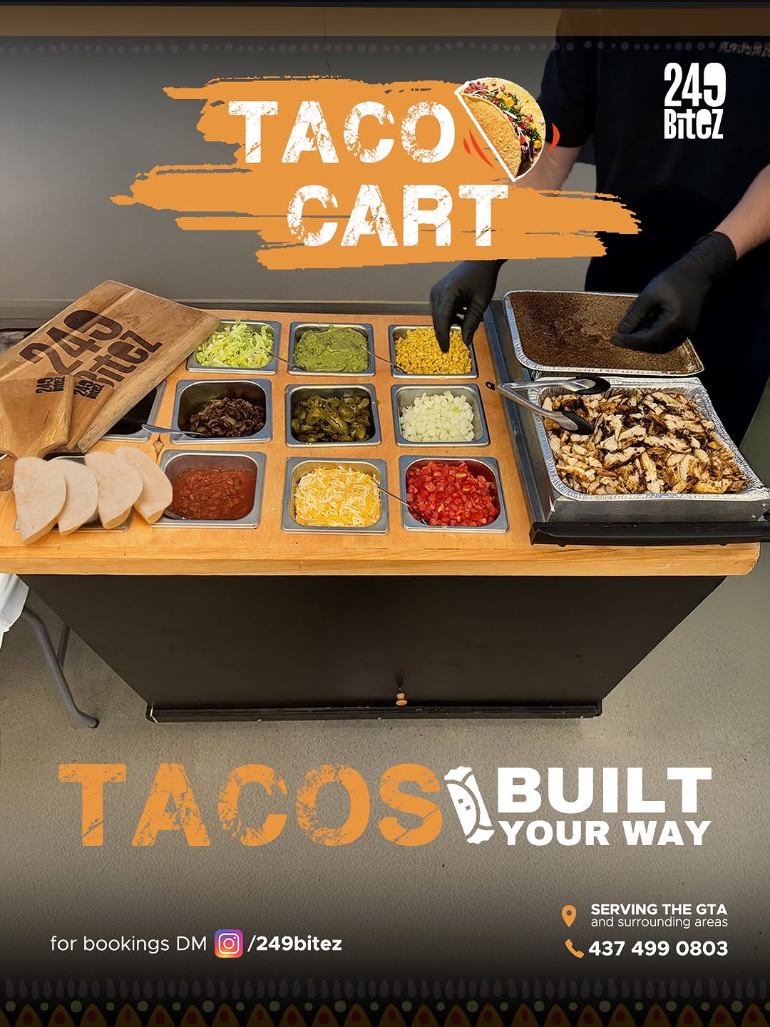 Taco cart with a full topping bar.