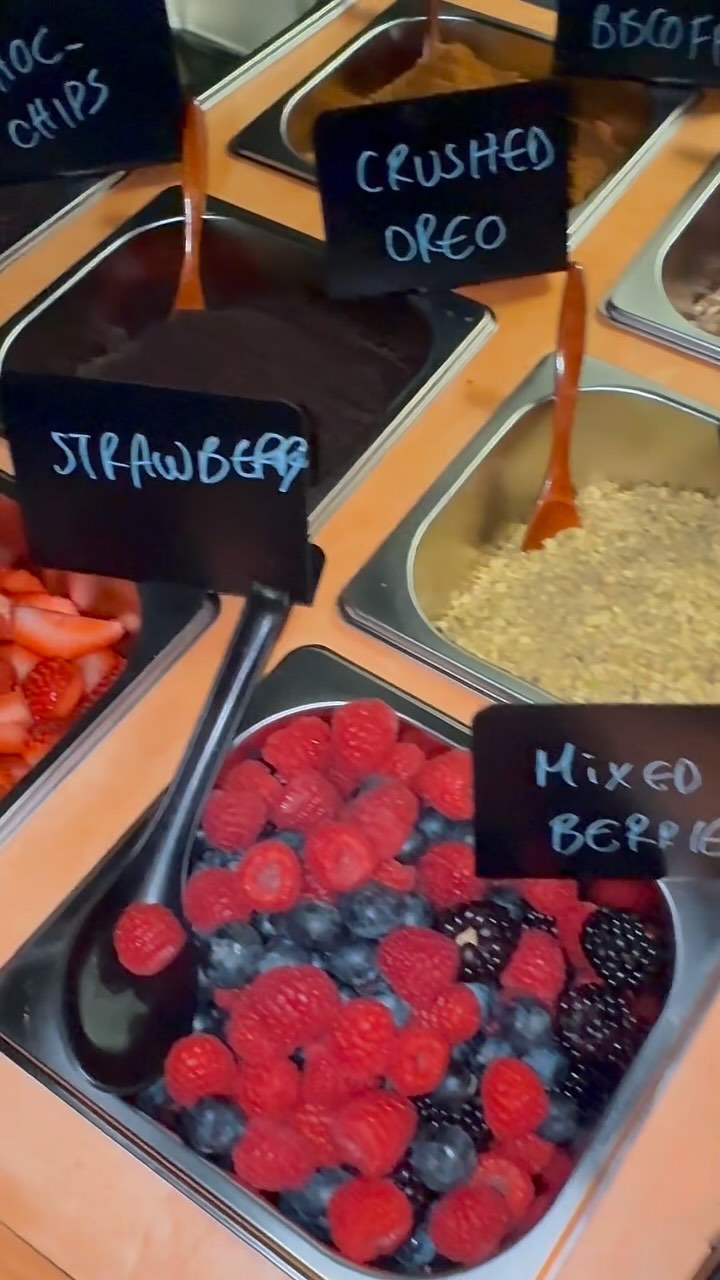 249 Bitez waffle toppings bar with chalk labels.